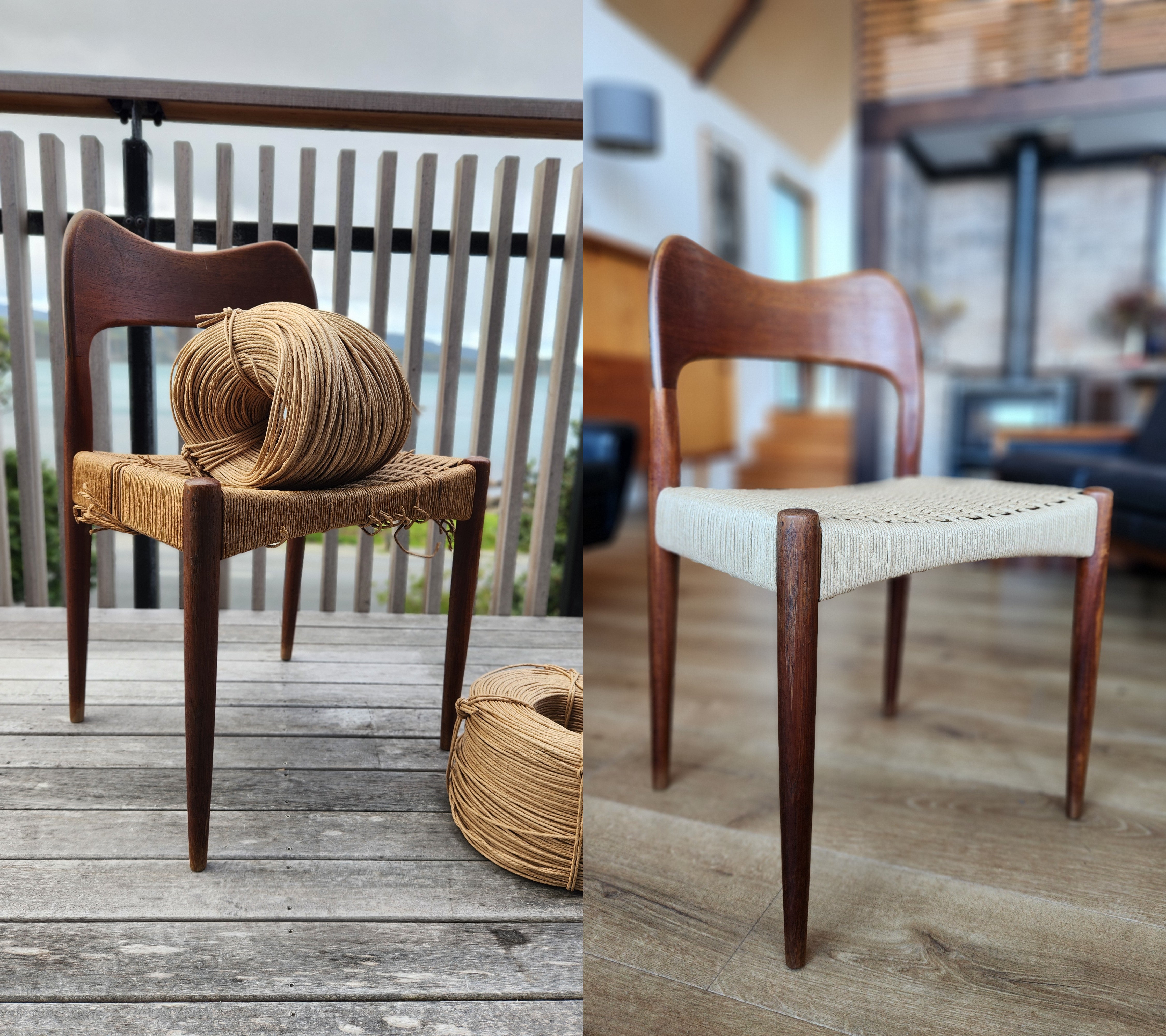 A before and after shot of a Danish chair by Arne Hovmand-Olsen chair requiring restoration