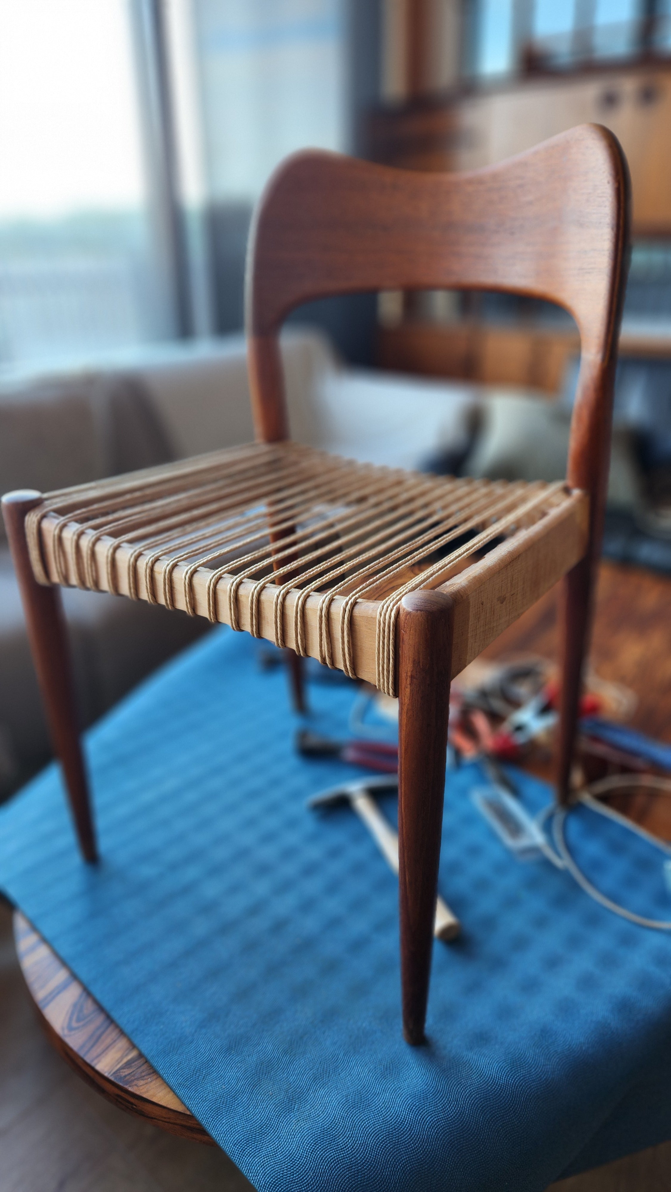 Arne Hovmand-Olsen chair with cord spokes restored.