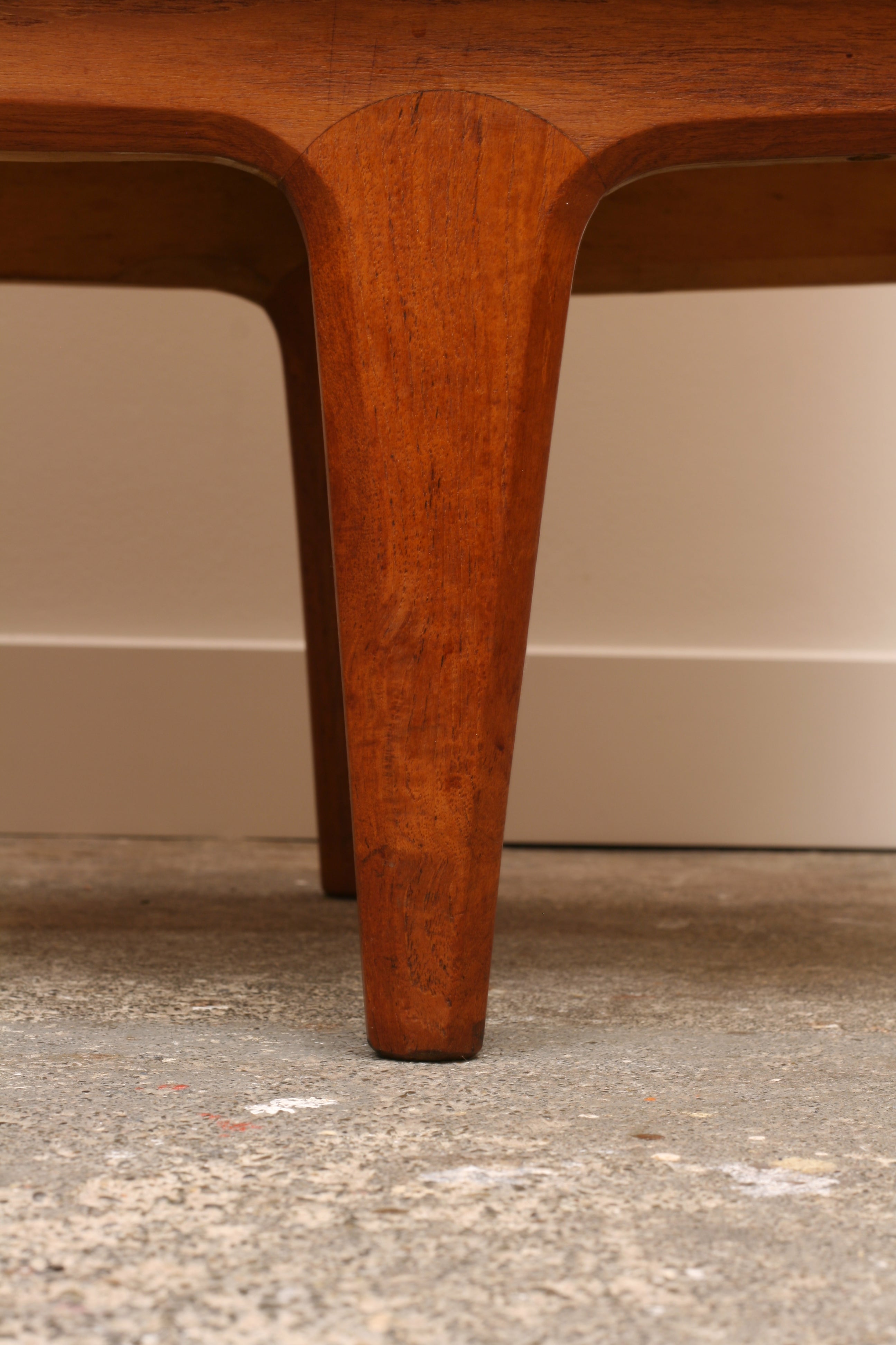 Danish Teak Tambour sideboard leg and inset curved joint detail.