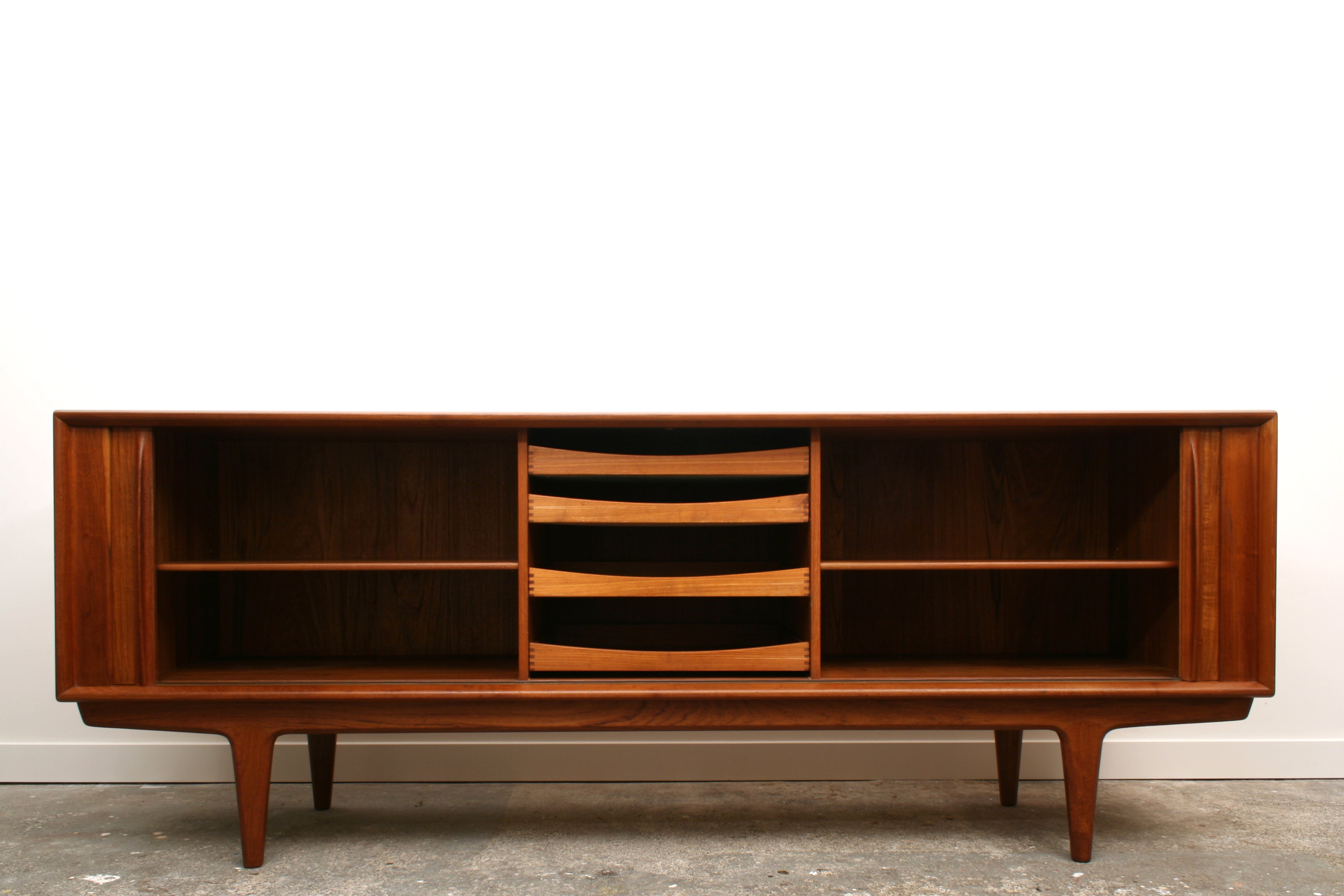 Danish Teak Tambour sideboard showing interior with tambour doors fully open 