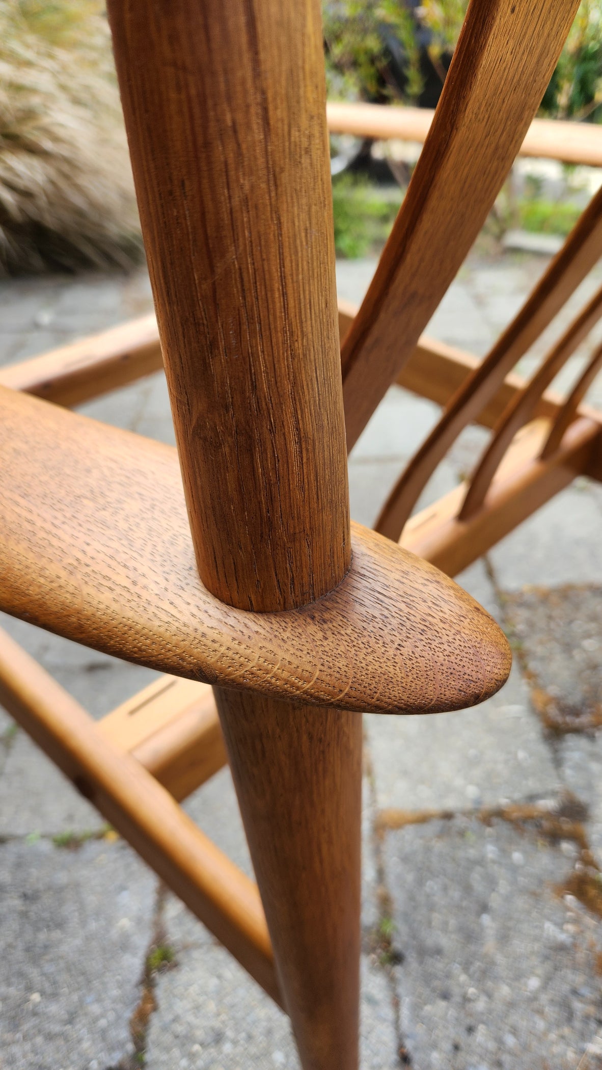 Grete Jalk PJ56 armchair in Oak.  Extra Close up of arm and rear leg distinctive through join.