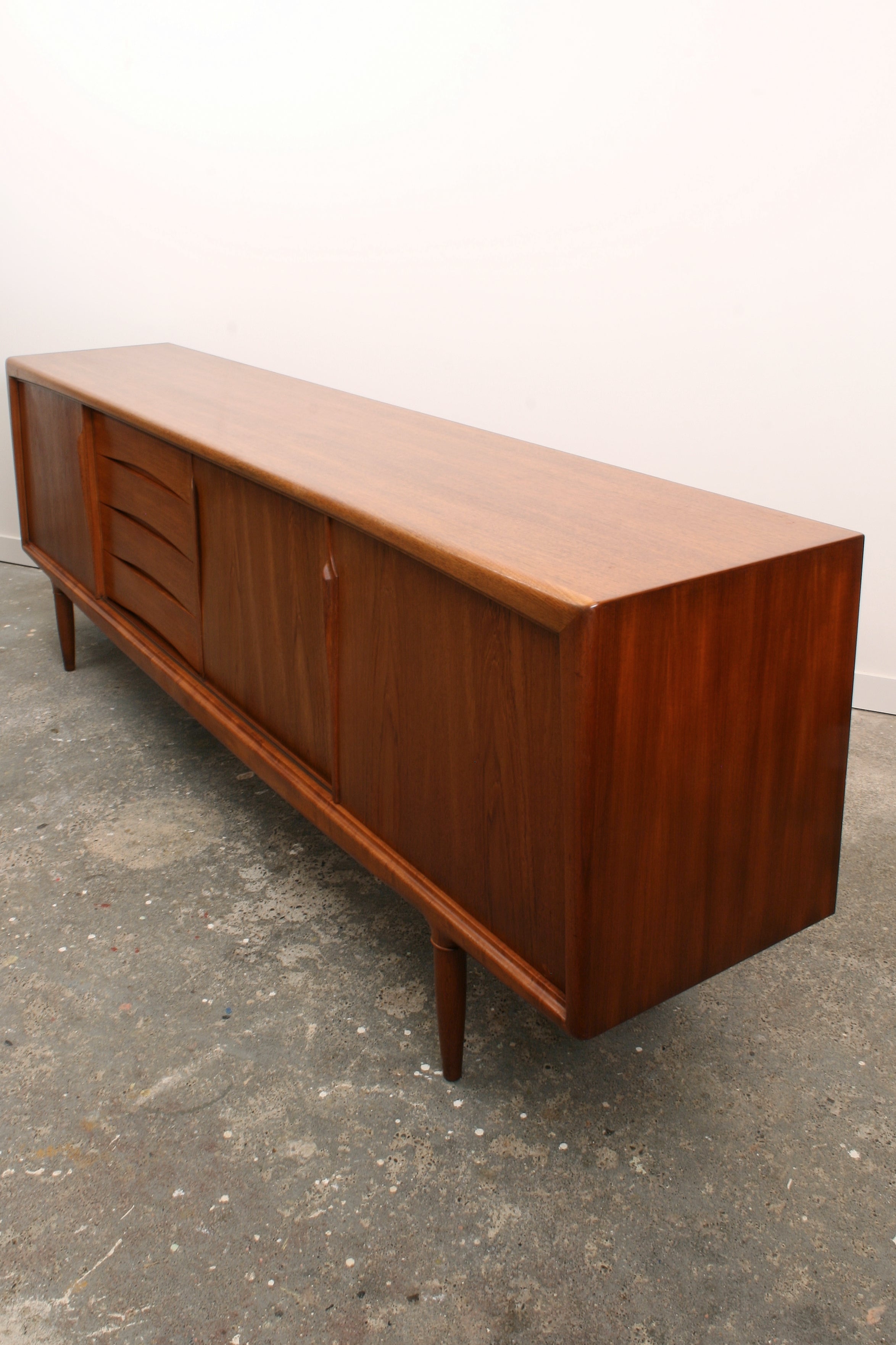 Danish teak sideboard isometric view from right end including top.