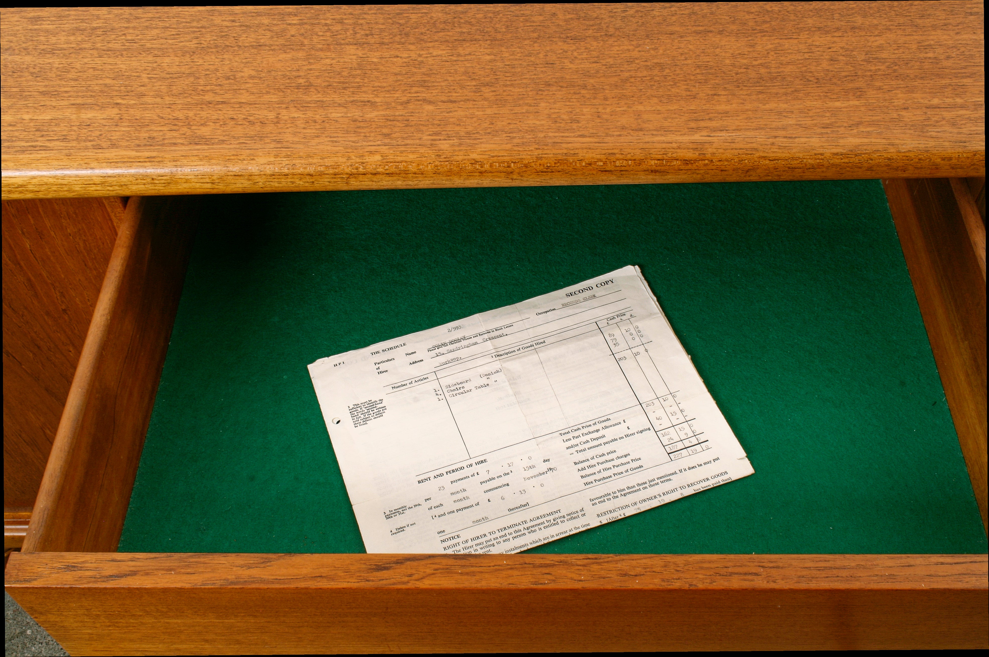 Danish teak sideboard close up of inside top drawer with original purchase 