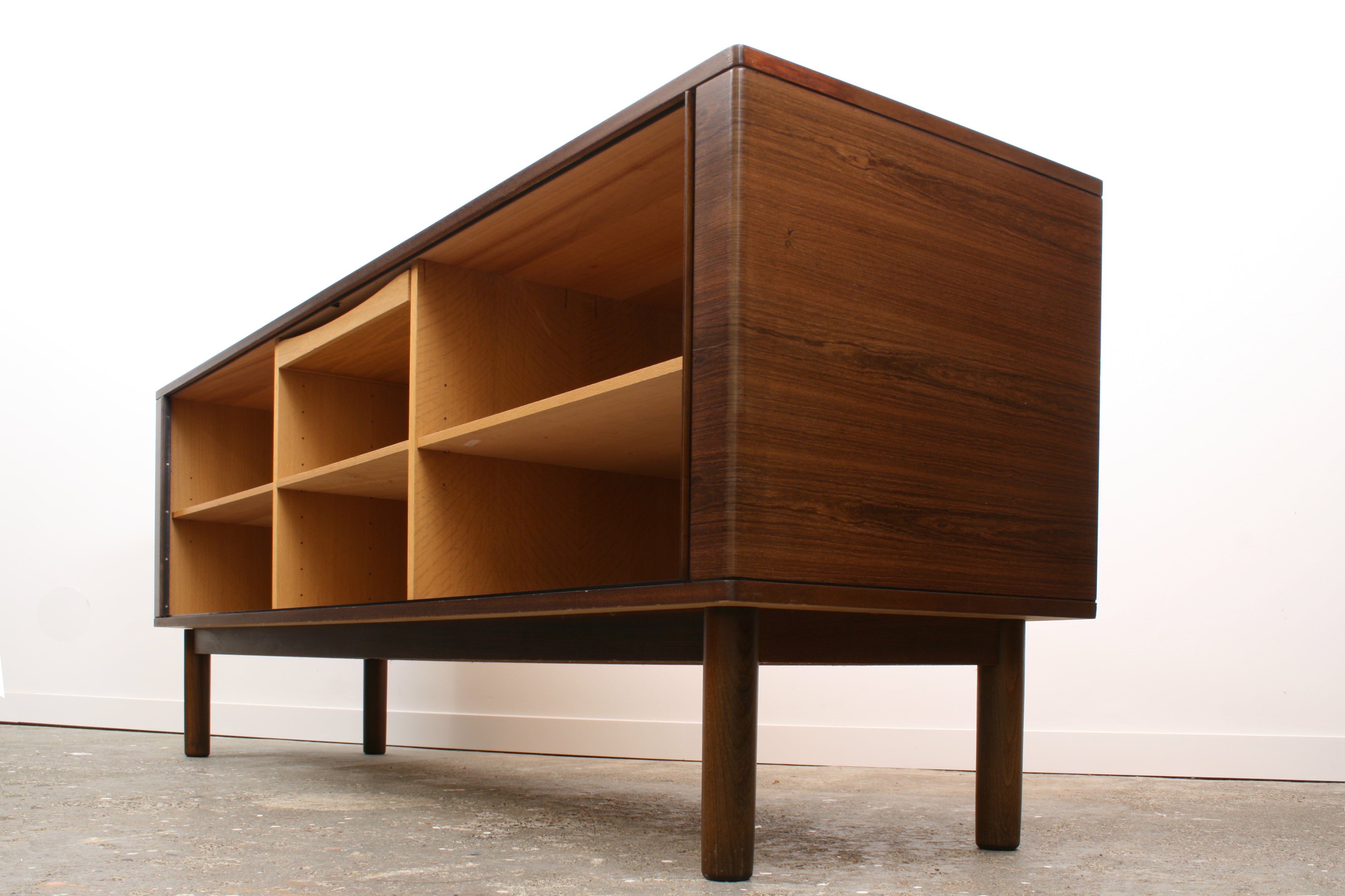 Danish Tambour sideboard by Hornslet Mobelfabrik. Seen from the right end panel and with the doors open. Highlighting the veneer wrap-around detail. 