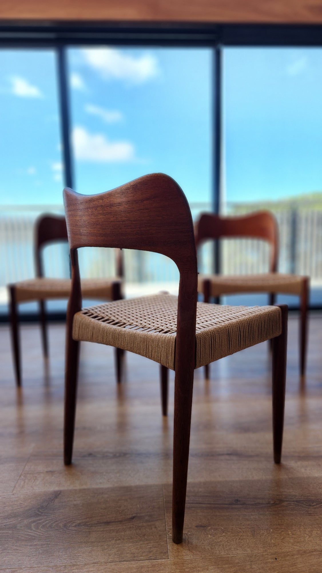 Arne Hovmand Olsen Danish chairs. Showing backrest detail from rear.