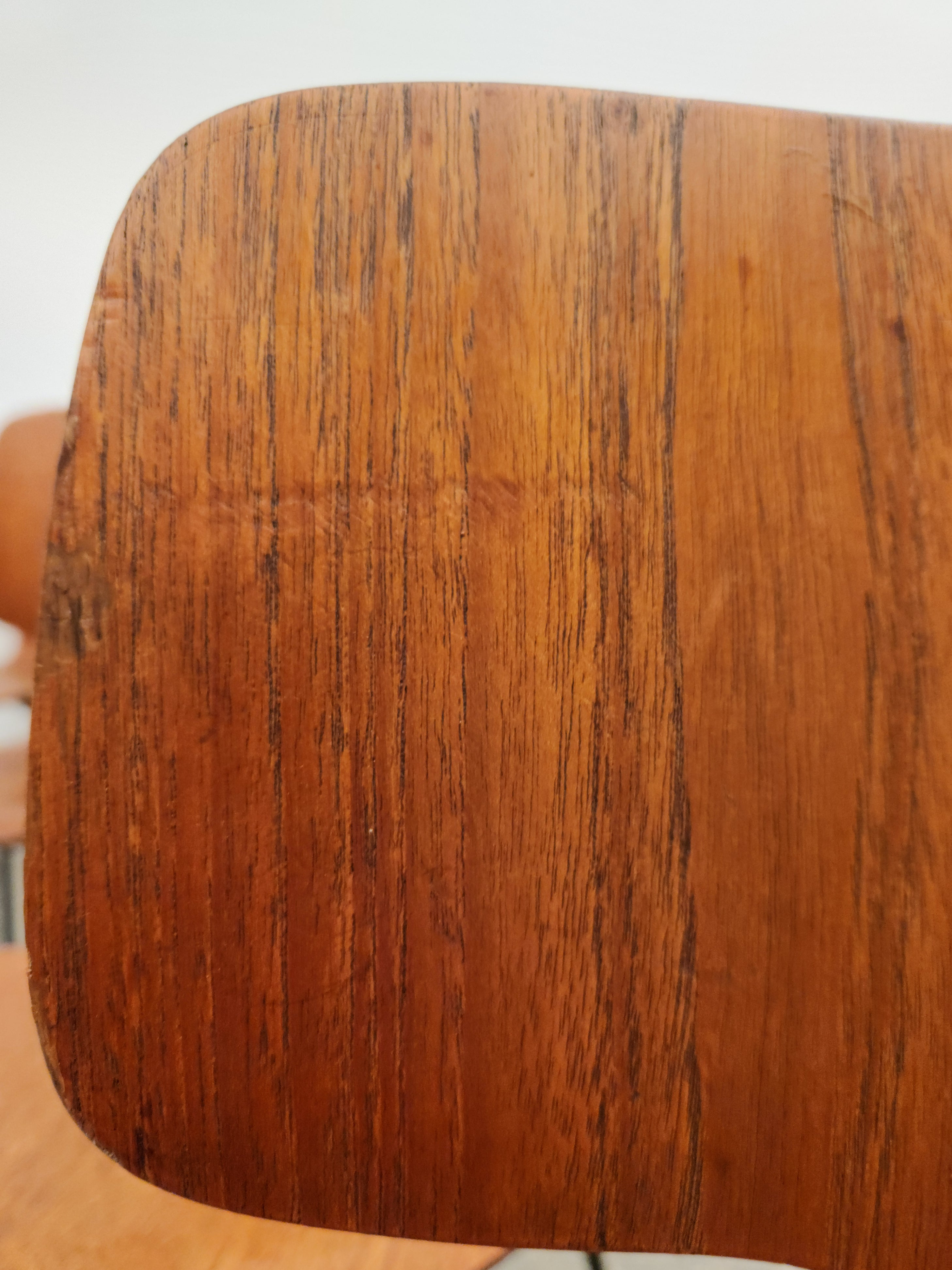 Teak Mid Century Dining Chair. Close up of backrest detailing some waxing chair 1.