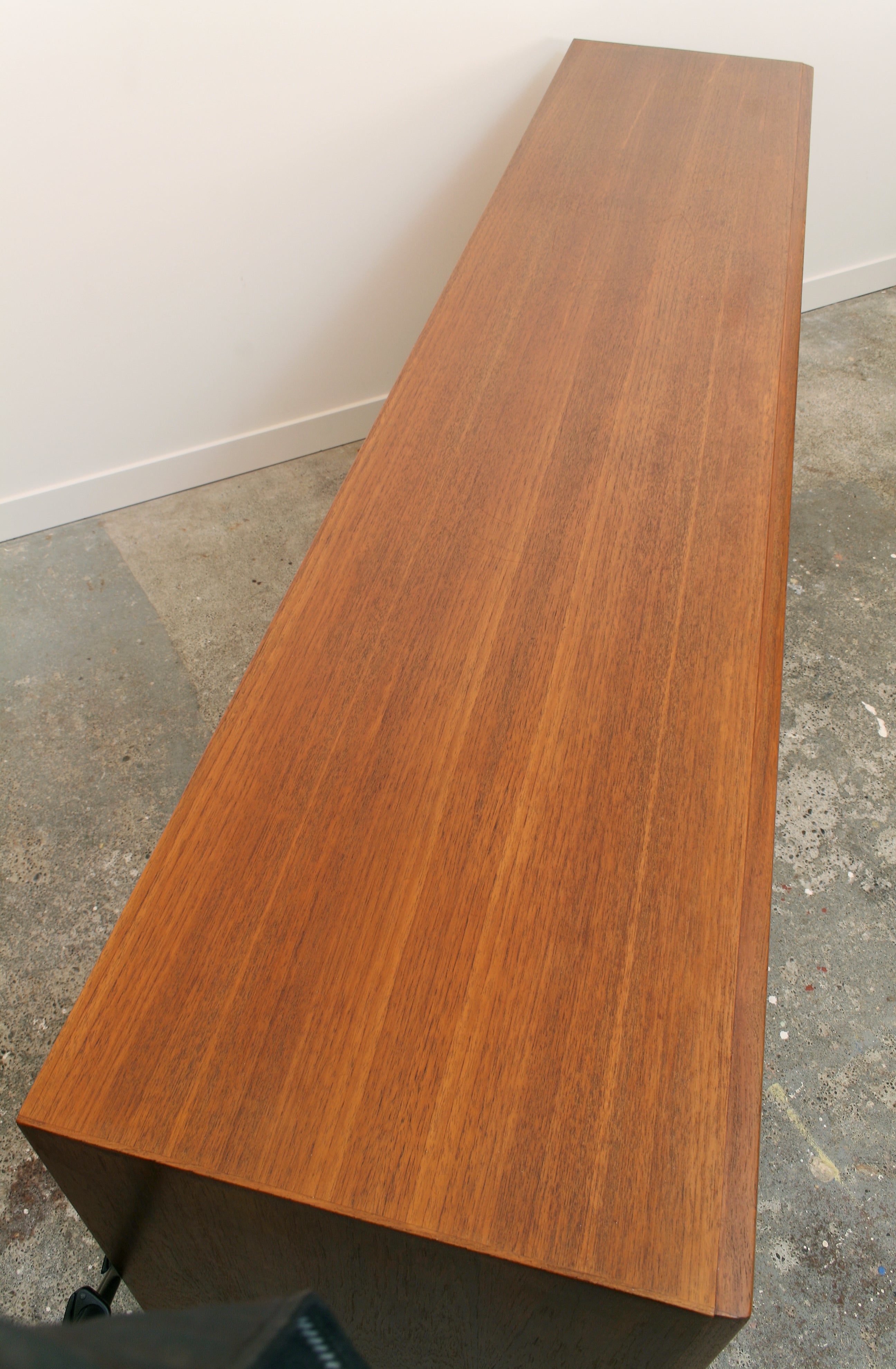 Norwegian teak sideboard view of top from left.