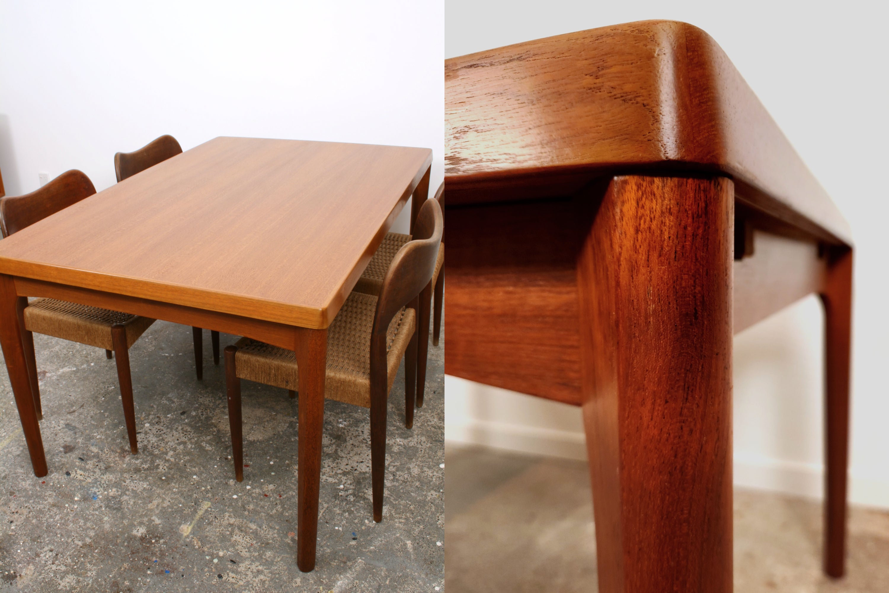 Henning Kjaernulf Danish Dining Table. In teak. A composite of two photos showing the table in non-extended form. One with four chairs. The other showing close-up detail of the join of leg and top.