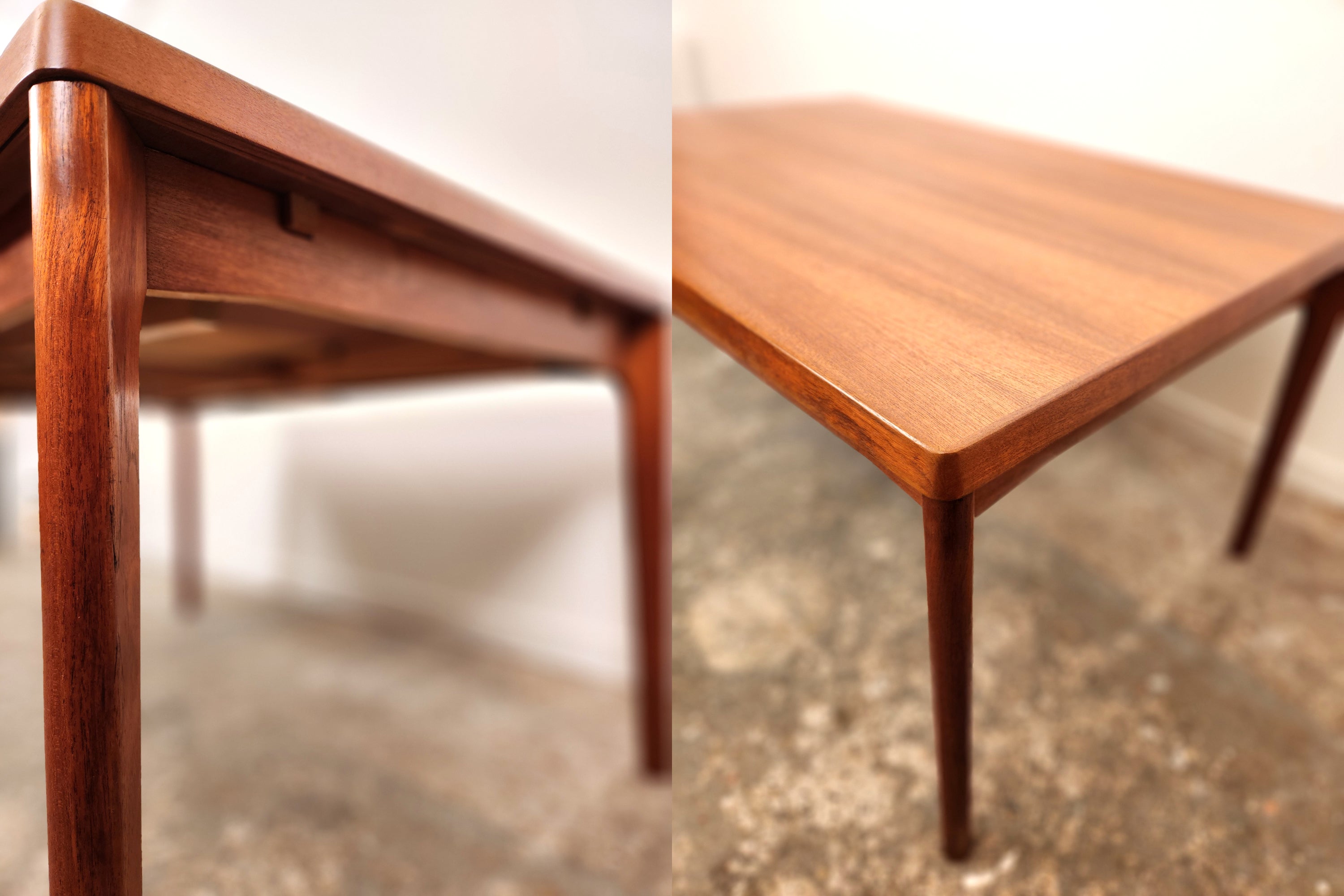 A Henning Kjaernulf Danish Dining Table. In teak. A composite of two photos showing the table in non-extended form.