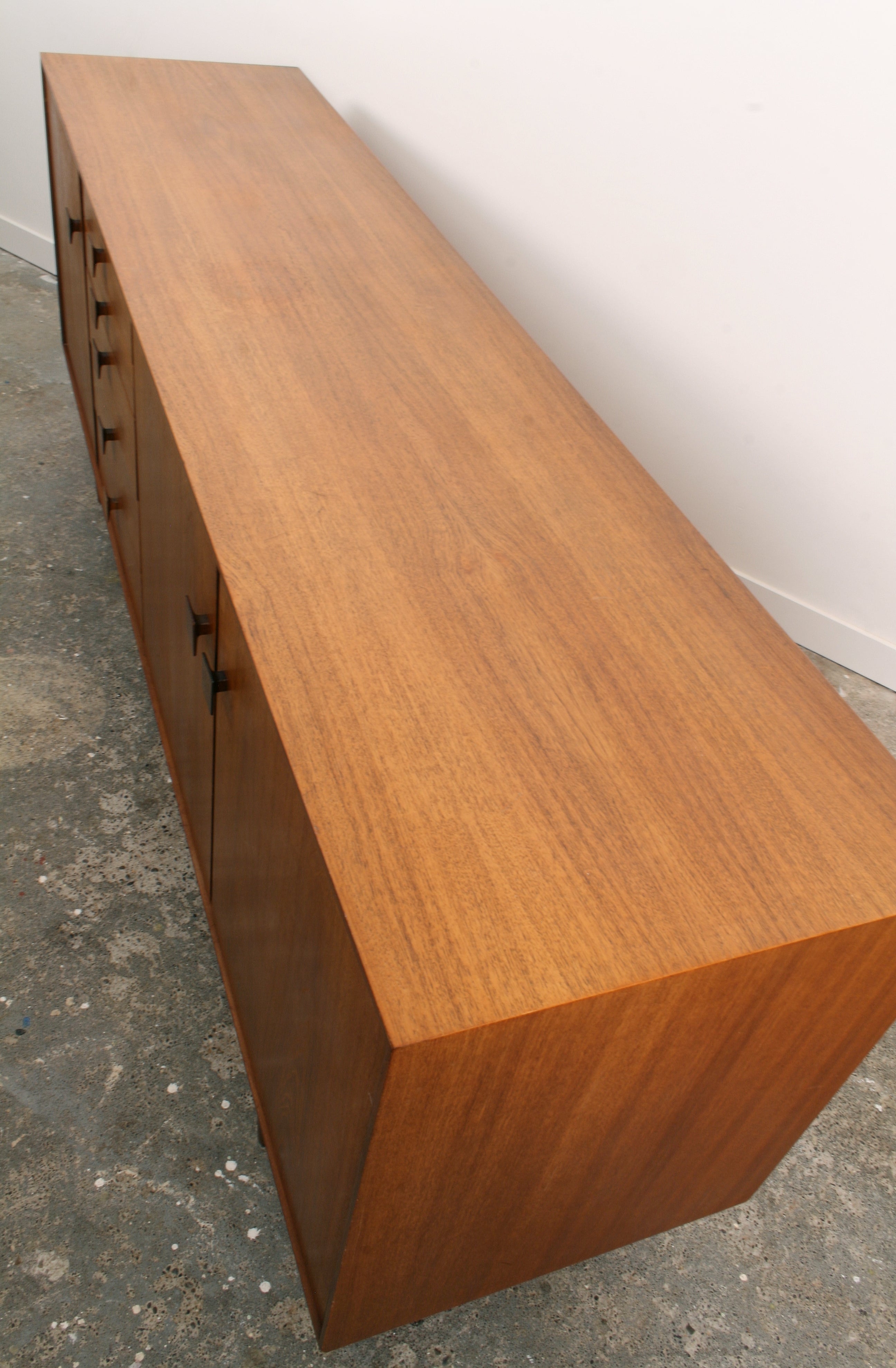 Mid Century teak sideboard isometric view showing top.
