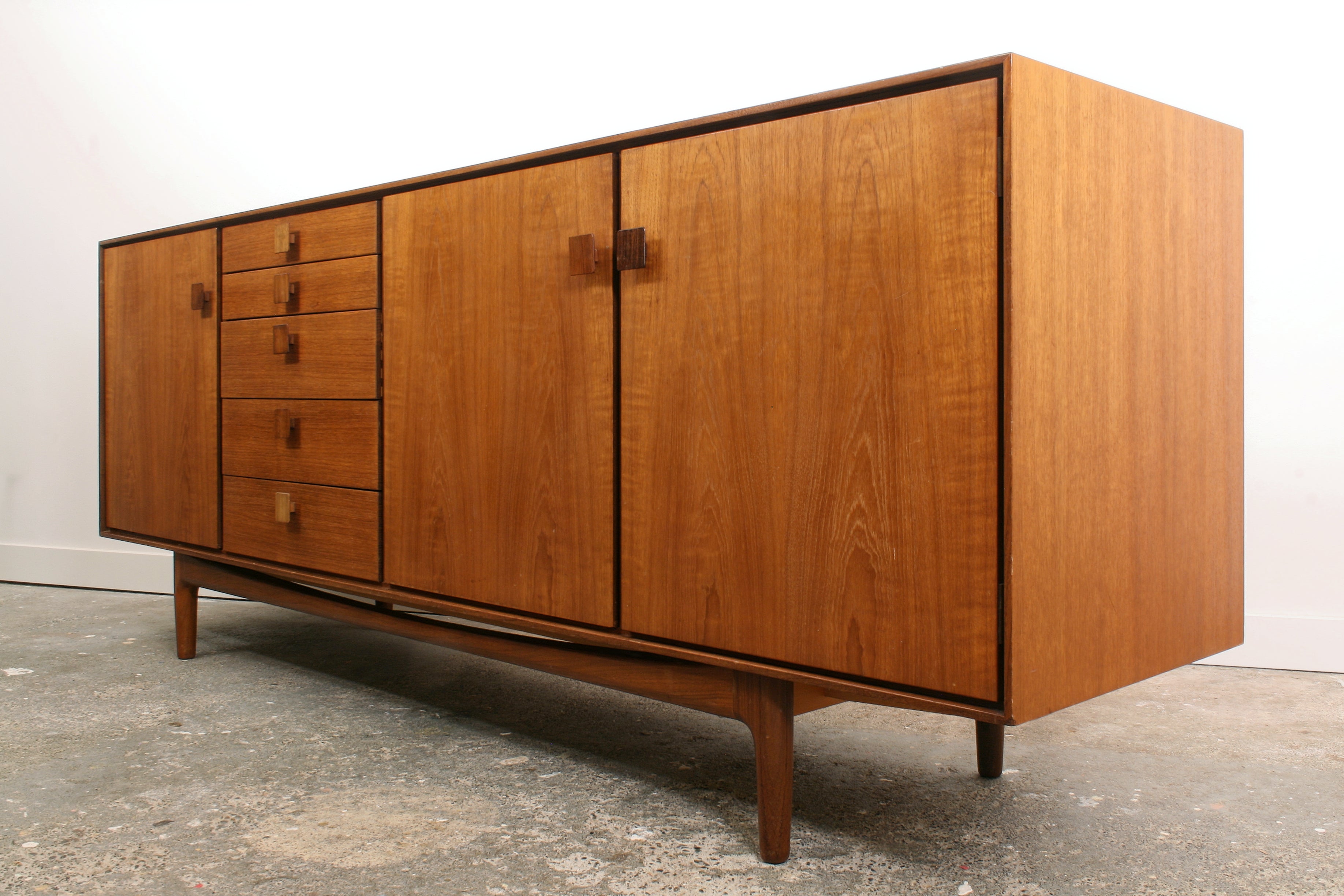 Mid Century teak sideboard isometric view from right corner.